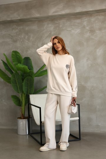 Çiçek Desenli Biyeli Oversize Geniş Paça Modal Kumaş Eşofman Takım
