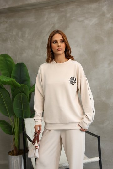 Çiçek Desenli Biyeli Oversize Geniş Paça Modal Kumaş Eşofman Takım
