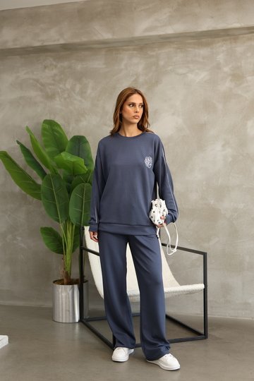 Çiçek Desenli Biyeli Oversize Geniş Paça Modal Kumaş Eşofman Takım