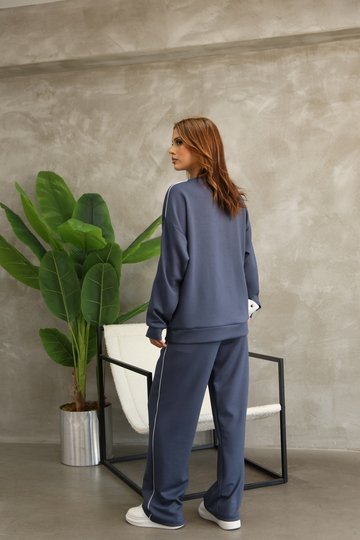 Çiçek Desenli Biyeli Oversize Geniş Paça Modal Kumaş Eşofman Takım