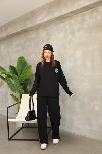 Çiçek Desenli Biyeli Oversize Geniş Paça Modal Kumaş Eşofman Takım