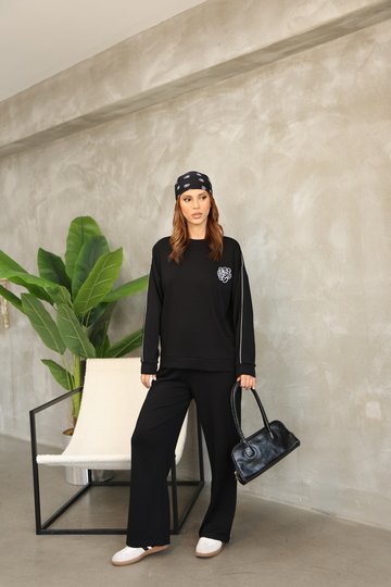 Çiçek Desenli Biyeli Oversize Geniş Paça Modal Kumaş Eşofman Takım