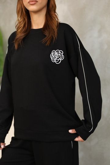 Çiçek Desenli Biyeli Oversize Geniş Paça Modal Kumaş Eşofman Takım
