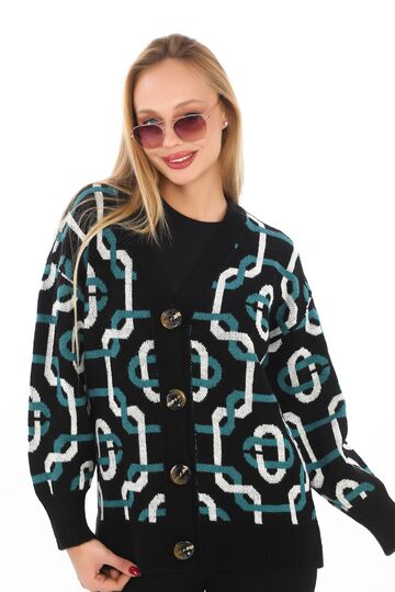 Oversize Düğmeli Örme Detaylı Triko Hırka