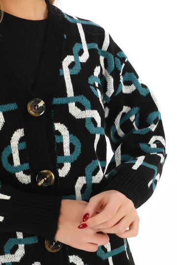 Oversize Düğmeli Örme Detaylı Triko Hırka