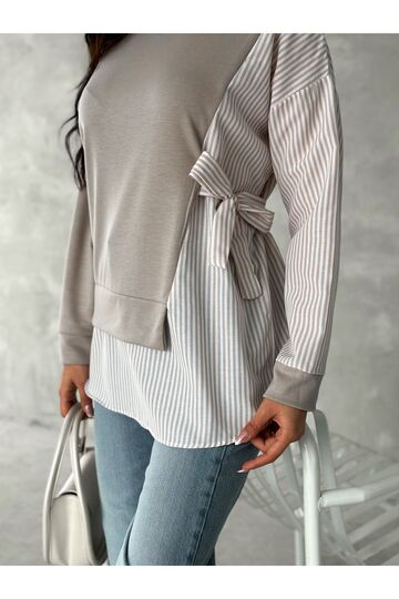 Poplin Yandan Bağlama Detaylı Garnili Gömlek Görünümlü Modal-Terikoton Kumaş Sweatshirt