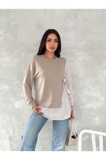 Poplin Yandan Bağlama Detaylı Garnili Gömlek Görünümlü Modal-Terikoton Kumaş Sweatshirt