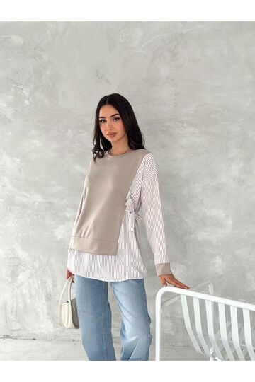 Poplin Yandan Bağlama Detaylı Garnili Gömlek Görünümlü Modal-Terikoton Kumaş Sweatshirt