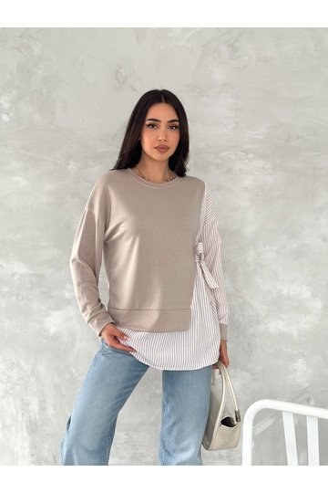 POPLİN YANDAN BAĞLAMA DETAYLI GARNİLİ GÖMLEK GÖRÜNÜMLÜ MODAL-TERİKOTON KUMAŞ SWEATSHİRT