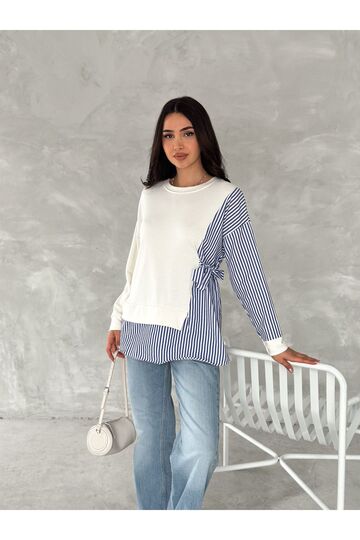 Poplin Yandan Bağlama Detaylı Garnili Gömlek Görünümlü Modal-Terikoton Kumaş Sweatshirt