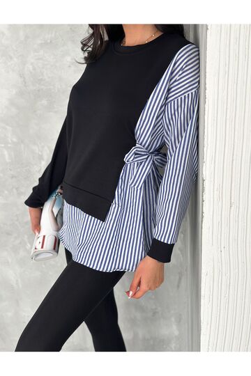 Poplin Yandan Bağlama Detaylı Garnili Gömlek Görünümlü Modal-Terikoton Kumaş Sweatshirt