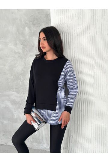 Poplin Yandan Bağlama Detaylı Garnili Gömlek Görünümlü Modal-Terikoton Kumaş Sweatshirt