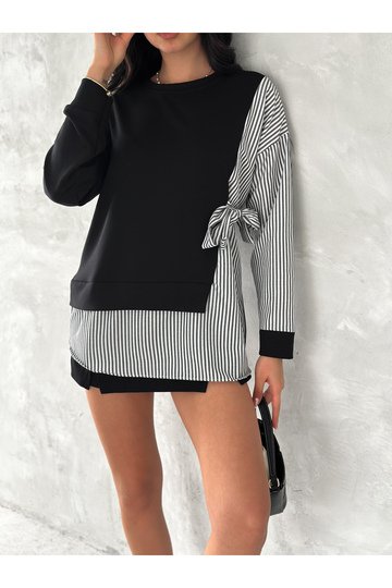 POPLİN YANDAN BAĞLAMA DETAYLI GARNİLİ GÖMLEK GÖRÜNÜMLÜ MODAL-TERİKOTON KUMAŞ SWEATSHİRT