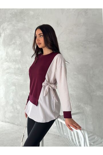 Poplin Yandan Bağlama Detaylı Garnili Gömlek Görünümlü Modal-Terikoton Kumaş Sweatshirt
