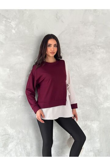 Poplin Yandan Bağlama Detaylı Garnili Gömlek Görünümlü Modal-Terikoton Kumaş Sweatshirt
