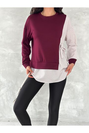 Poplin Yandan Bağlama Detaylı Garnili Gömlek Görünümlü Modal-Terikoton Kumaş Sweatshirt