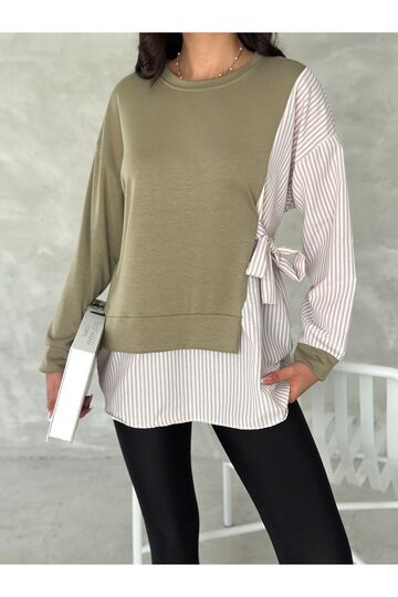 Poplin Yandan Bağlama Detaylı Garnili Gömlek Görünümlü Modal-Terikoton Kumaş Sweatshirt