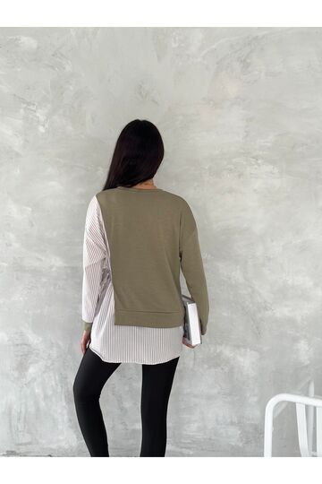 Poplin Yandan Bağlama Detaylı Garnili Gömlek Görünümlü Modal-Terikoton Kumaş Sweatshirt