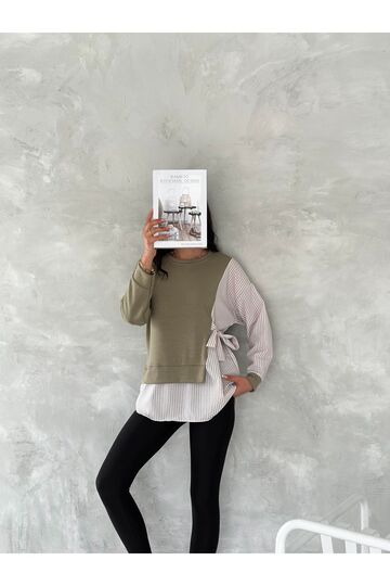 Poplin Yandan Bağlama Detaylı Garnili Gömlek Görünümlü Modal-Terikoton Kumaş Sweatshirt
