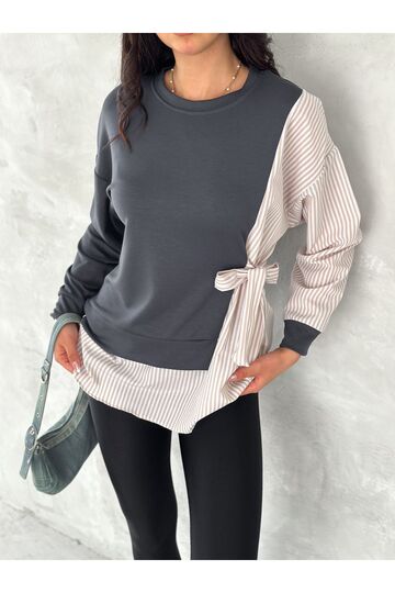 Poplin Yandan Bağlama Detaylı Garnili Gömlek Görünümlü Modal-Terikoton Kumaş Sweatshirt