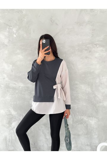 POPLİN YANDAN BAĞLAMA DETAYLI GARNİLİ GÖMLEK GÖRÜNÜMLÜ MODAL-TERİKOTON KUMAŞ SWEATSHİRT