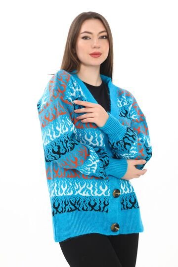 Alev Desenli Oversize Düğmeli Örme Detaylı Triko Hırka