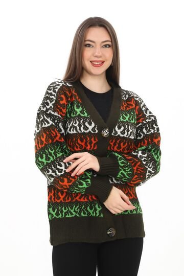 Alev Desenli Oversize Düğmeli Örme Detaylı Triko Hırka