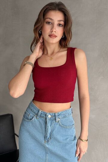 Kare Yaka Kalın Askılı Crop Fitilli Kaşkorse Kumaş Atlet