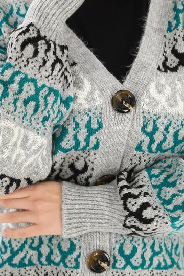 Alev Desenli Oversize Düğmeli Örme Detaylı Triko Hırka