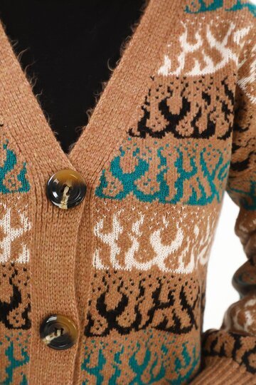 Alev Desenli Oversize Düğmeli Örme Detaylı Triko Hırka