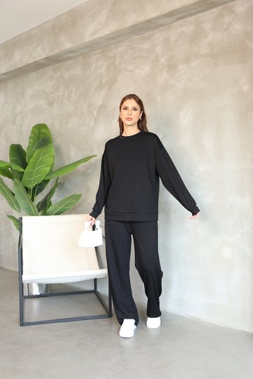Oversize Bisiklet Yaka Geniş Paça Modal Kumaş Eşofman Takım