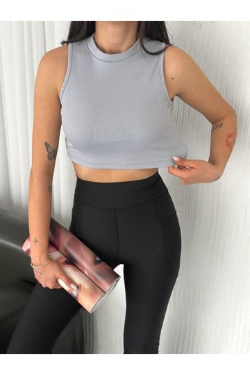 CROP PAMUKLU FİTİLLİ ESNEK HALTER YAKA KAŞKORSE KUMAŞ ATLET