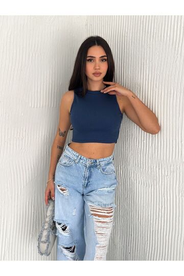Crop Pamuklu Fitilli Esnek Halter Yaka Kaşkorse Kumaş Atlet