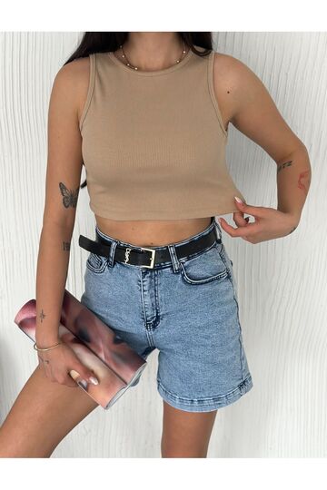 Crop Pamuklu Fitilli Esnek Halter Yaka Kaşkorse Kumaş Atlet