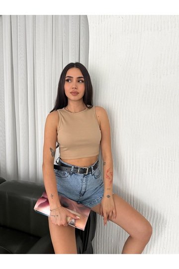 CROP PAMUKLU FİTİLLİ ESNEK HALTER YAKA KAŞKORSE KUMAŞ ATLET