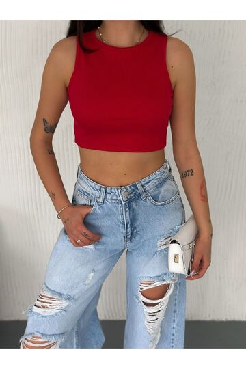 Crop Pamuklu Fitilli Esnek Halter Yaka Kaşkorse Kumaş Atlet