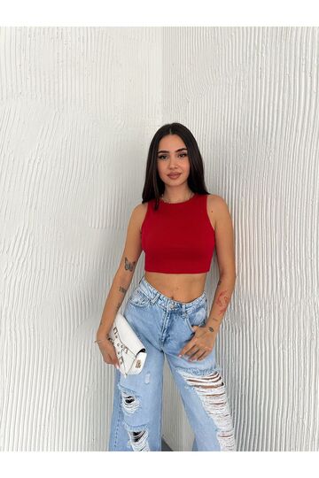 Crop Pamuklu Fitilli Esnek Halter Yaka Kaşkorse Kumaş Atlet