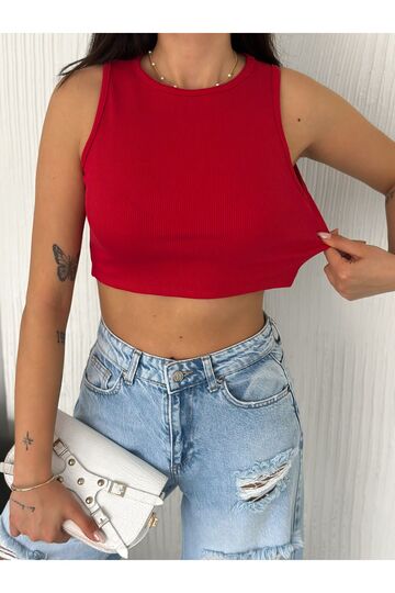 Crop Pamuklu Fitilli Esnek Halter Yaka Kaşkorse Kumaş Atlet