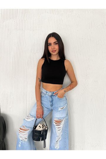 Crop Pamuklu Fitilli Esnek Halter Yaka Kaşkorse Kumaş Atlet