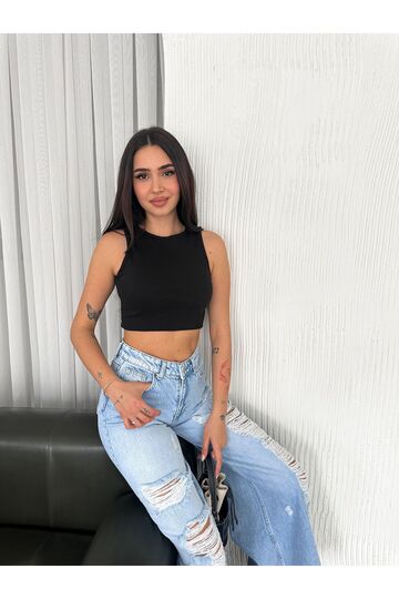 Crop Pamuklu Fitilli Esnek Halter Yaka Kaşkorse Kumaş Atlet