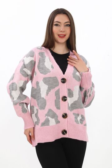 Leopar Desenli Düğmeli Oversize Örme Detaylı Triko Hırka