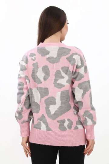 Leopar Desenli Düğmeli Oversize Örme Detaylı Triko Hırka