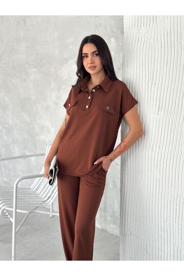 Düğmeli Polo Yaka Paça Yırtmaçlı Modal Kumaş Kısakol Eşofman Takım