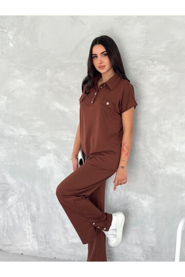 DÜĞMELİ POLO YAKA PAÇA YIRTMAÇLI MODAL KUMAŞ KISAKOL EŞOFMAN TAKIM