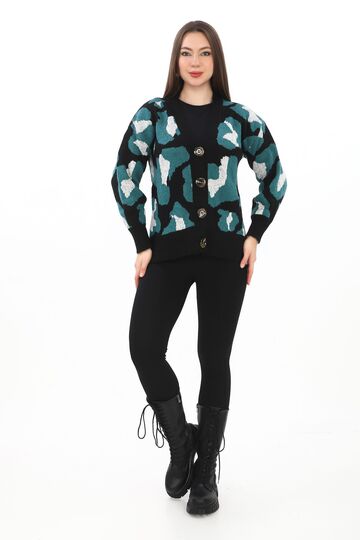 Leopar Desenli Düğmeli Oversize Örme Detaylı Triko Hırka