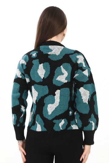 Leopar Desenli Düğmeli Oversize Örme Detaylı Triko Hırka