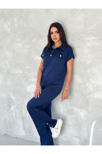 Düğmeli Polo Yaka Paça Yırtmaçlı Modal Kumaş Kısakol Eşofman Takım