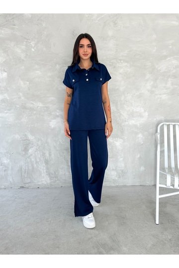 DÜĞMELİ POLO YAKA PAÇA YIRTMAÇLI MODAL KUMAŞ KISAKOL EŞOFMAN TAKIM
