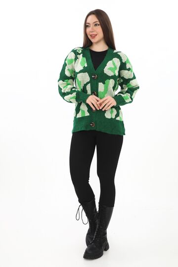 Leopar Desenli Düğmeli Oversize Örme Detaylı Triko Hırka