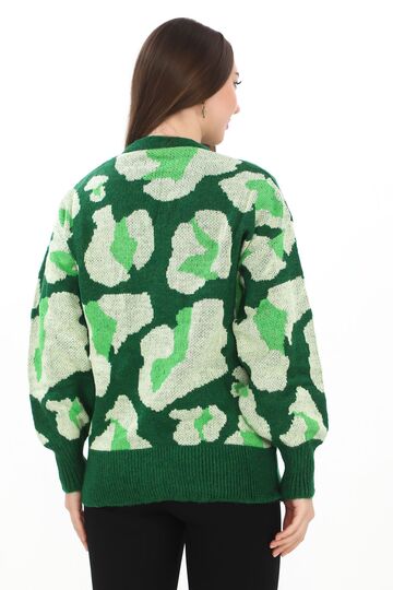 Leopar Desenli Düğmeli Oversize Örme Detaylı Triko Hırka